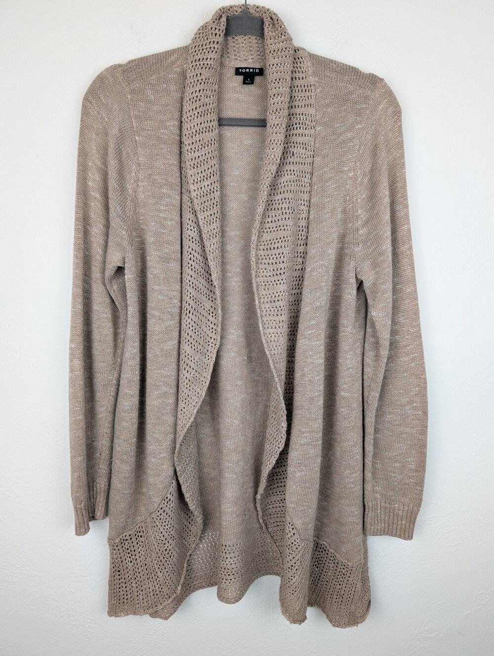 Torrid Cardigan Sweater Pointelle Knit Draped Boho Neutral Tan Brown Size 1X